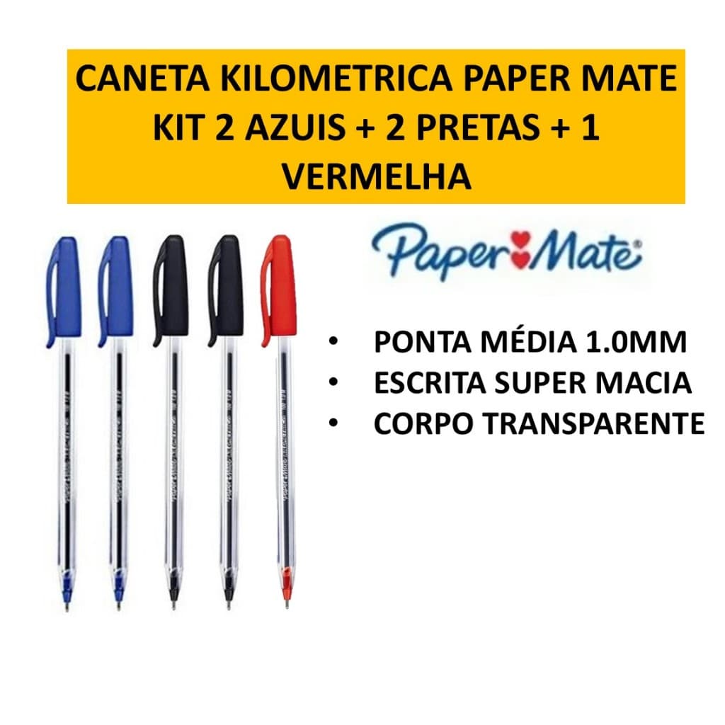 Caneta Esferográfica Ponta Média 1.0mm Paper Mate Kilométrica - kit (2 azuis, 2 pretas e 1 vermelha)