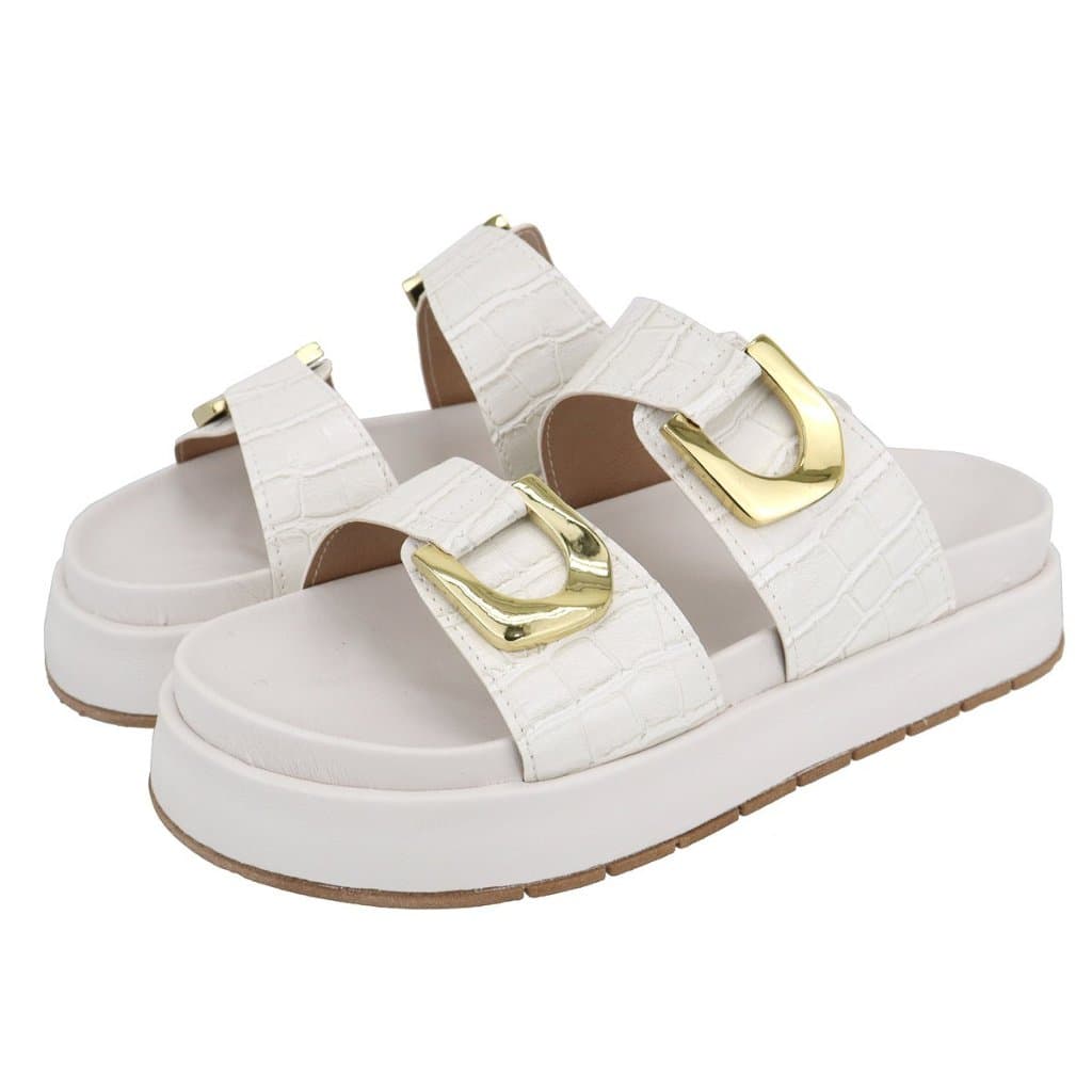 Sandália Flatform Papete Fivelas Croco Off White