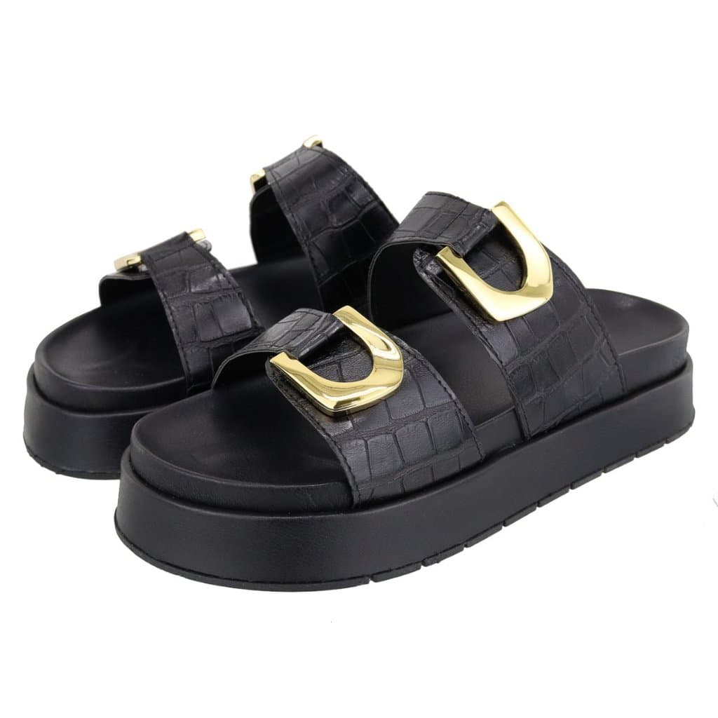 Flatform Papete Sandália Fivelas Croco Preto Guvem Oficial