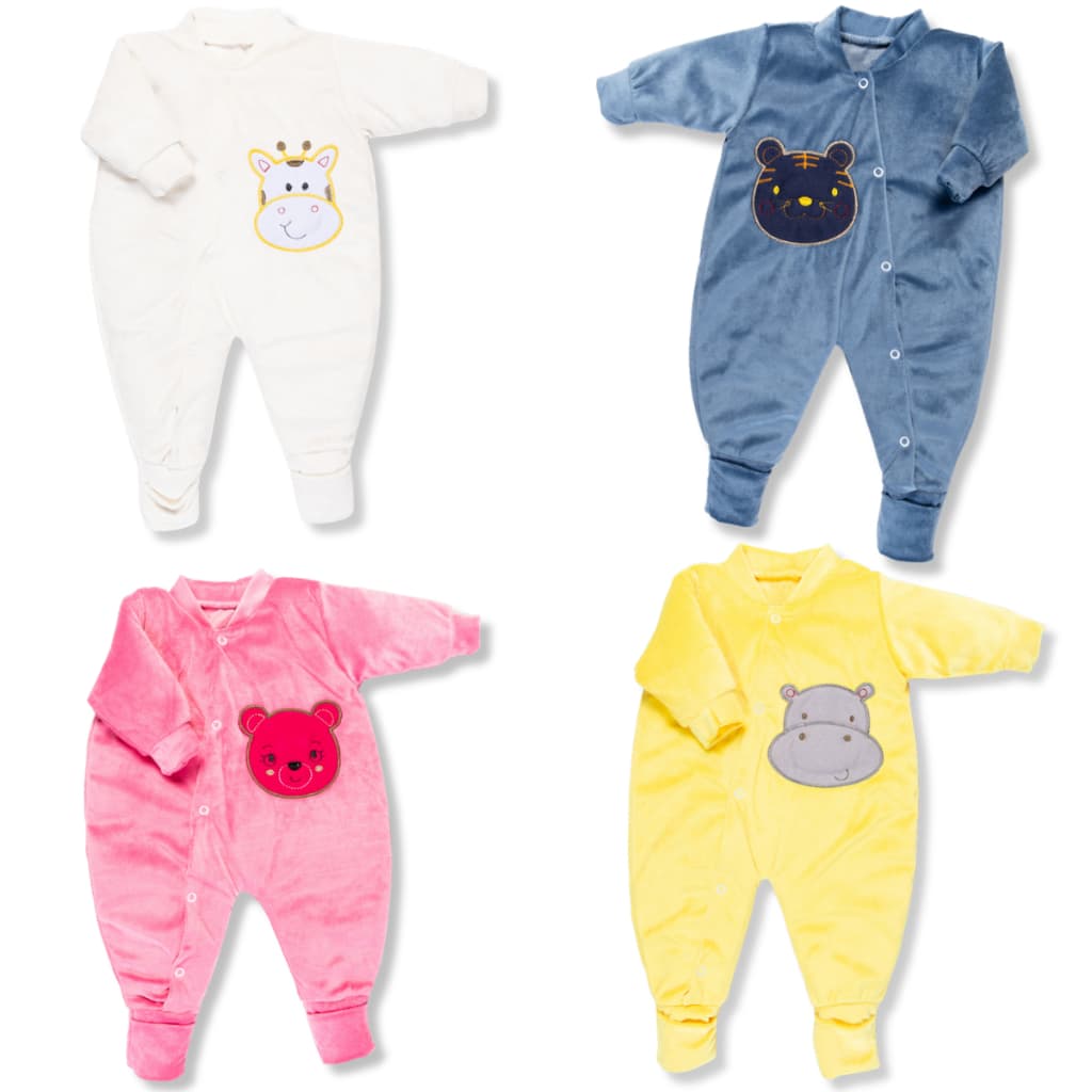 Kit 2 Peças Macacão Plush Bebe Bordado 3D Menino E Menina