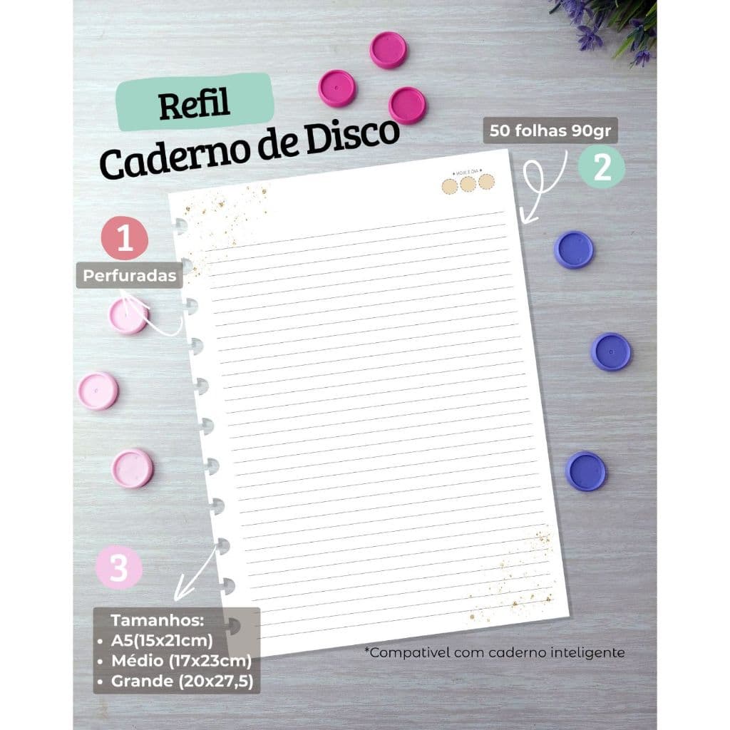 REFIL PARA CADERNO DE DISCOS  - VARIOS TAMANHOS - COMPATÍVEL COM CADERNO INTELIGENTE