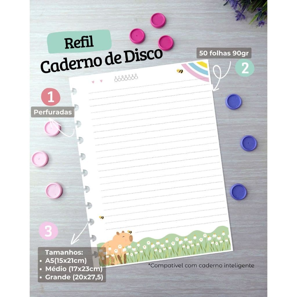 REFIL PARA CADERNO DE DISCOS CAPIVARA - VARIOS TAMANHOS - COMPATÍVEL COM CADERNO INTELIGENTE