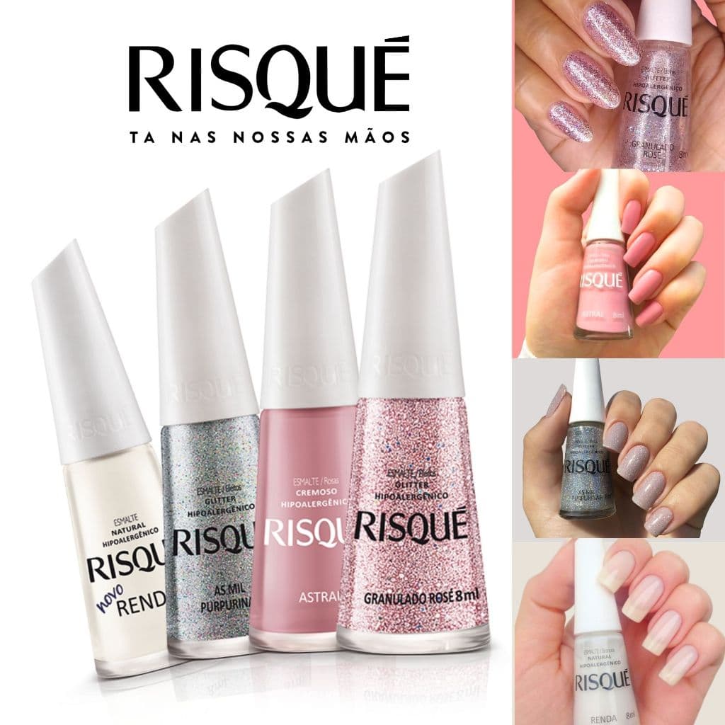 Kit 4 Esmaltes Risqué Glitter Rose Tons Branco Rosa 8ml Manicure Profissional