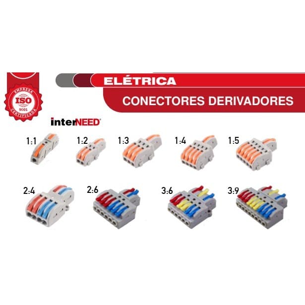 Conector Emenda Derivador Alavanca 1:1, 1:2, 1:3, 1:4, 1:5, 2:4, 2:6, 3:6, 3:9, 32a 1,5mm a 4mm 250V Kit