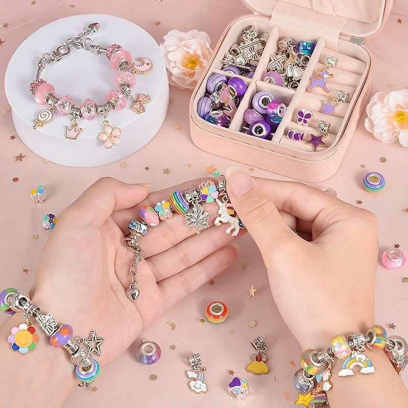 KIT Porta Joias Pulseiras DIY Feminino com Berloques e Pingentes - Pulseiras Joias para Meninas