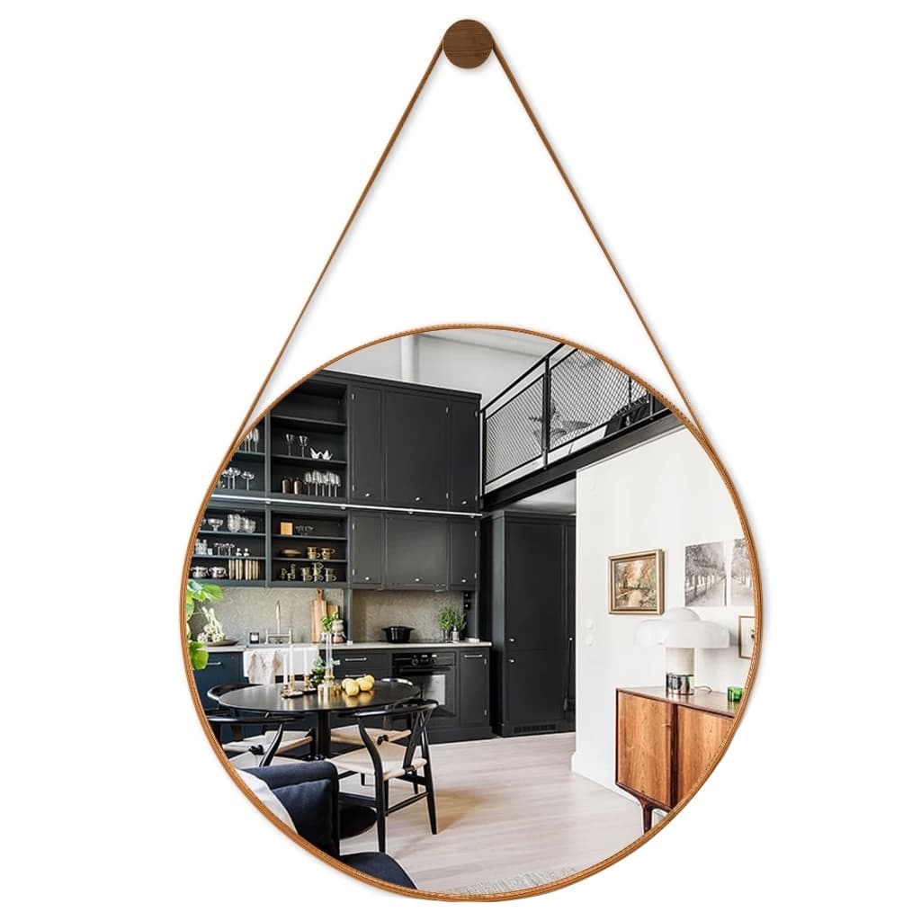 Espelho Decorativo Redondo Com Couro Adnet Para Banheiro Antigo 50cm + Pino Suporte