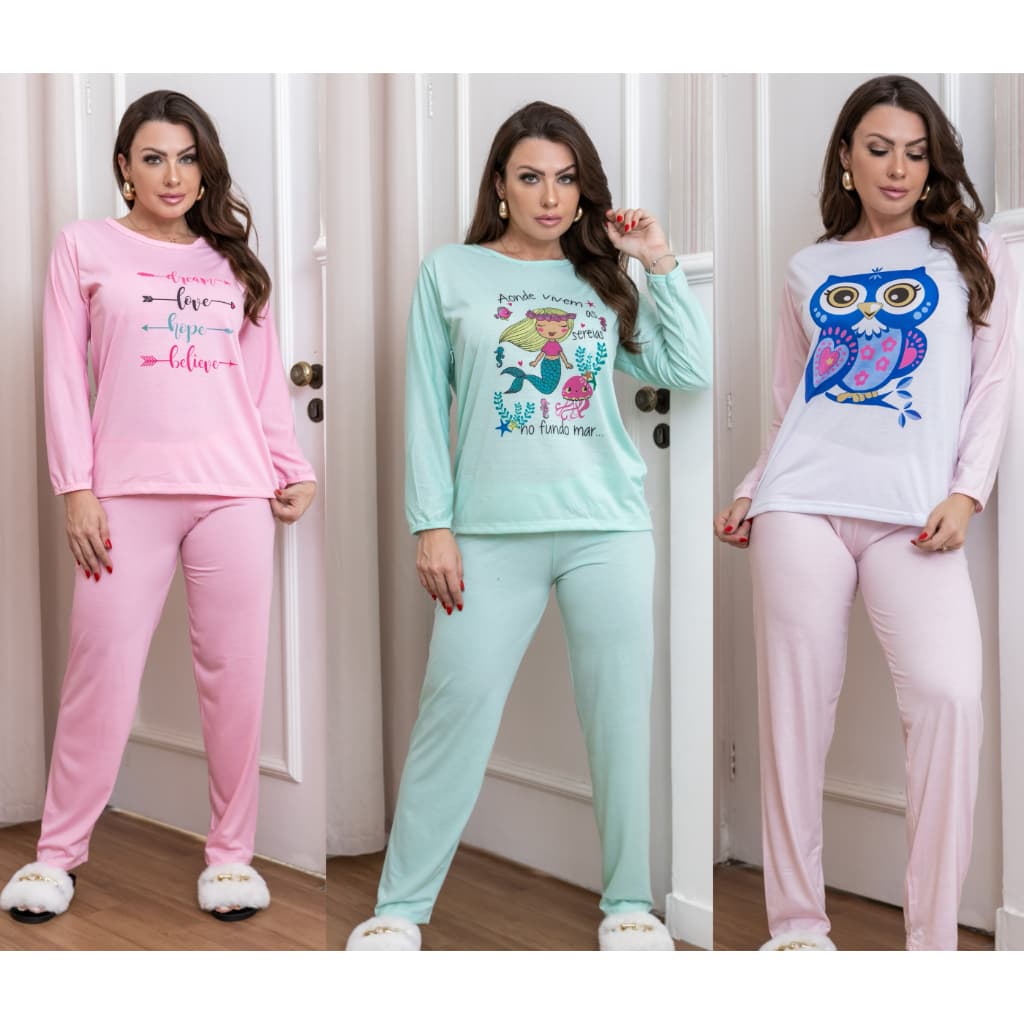 KIT COM 3 PIJAMAS MANGA LONGA FEMININO INVERNO OUTONO PRIMAVERA