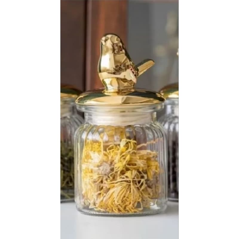 Pote de vidro hermético decorativo multiuso dourado alto brilho 300ml