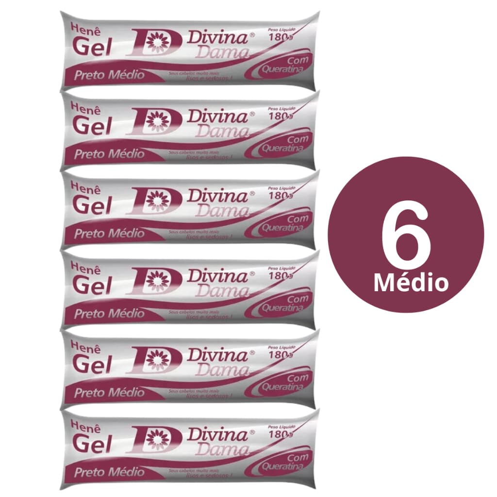 Kit C/06 Henê Gel 180g Preto Médio Bisnaga Divina Dama