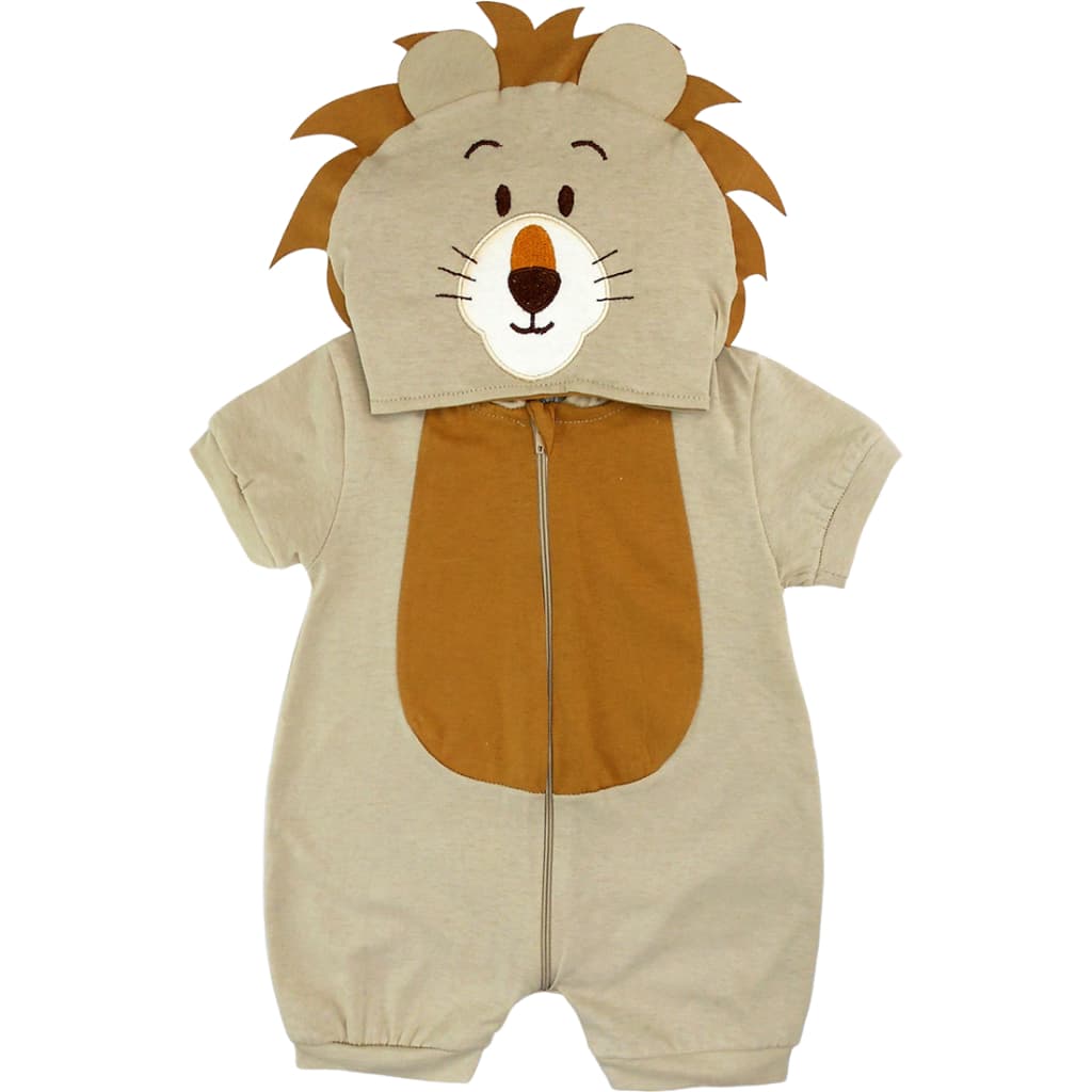 Roupa Bebê Macacão Curto Capuz Leão Zíper Menino Verão Algodão