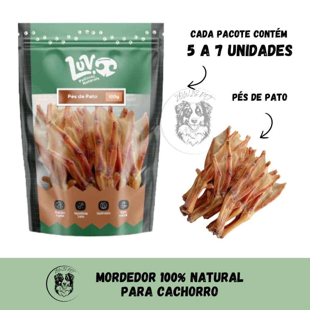 Mordedor Mastigável Natural Cães Pés de Pato Desidratado 100g LUV Petiscos Naturais Cachorro
