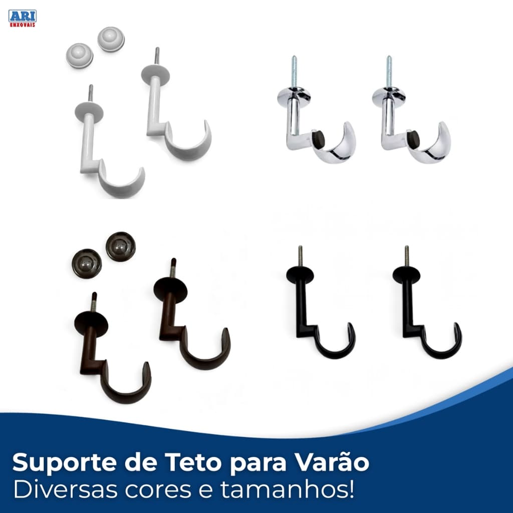 Kit Par Ou 3 unidades Suportes de Teto Cromado Branco e Tabaco Para Cortinas De Varão Comum PVC