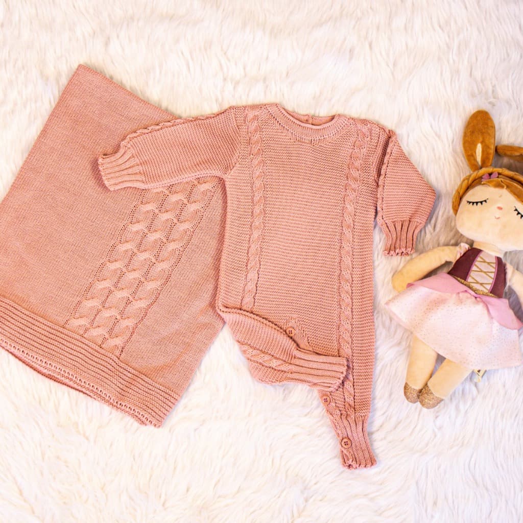 Kit 2 Saída Maternidade Menina Menino Bebe Trançada Macacão com Manta Trico