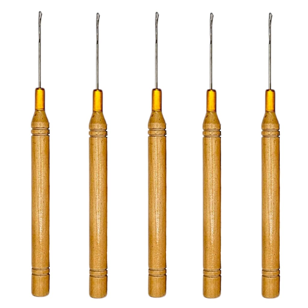 Kit 5 Agulhas Reta Ponto Americano Para Aplicação de Mega Hair Cabo Madeira