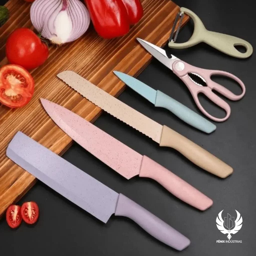 Kit Facas Faqueiro Conjunto Tesoura Descascador Gourmet Completo Aço Inox Coloridas 6 Peças Completo