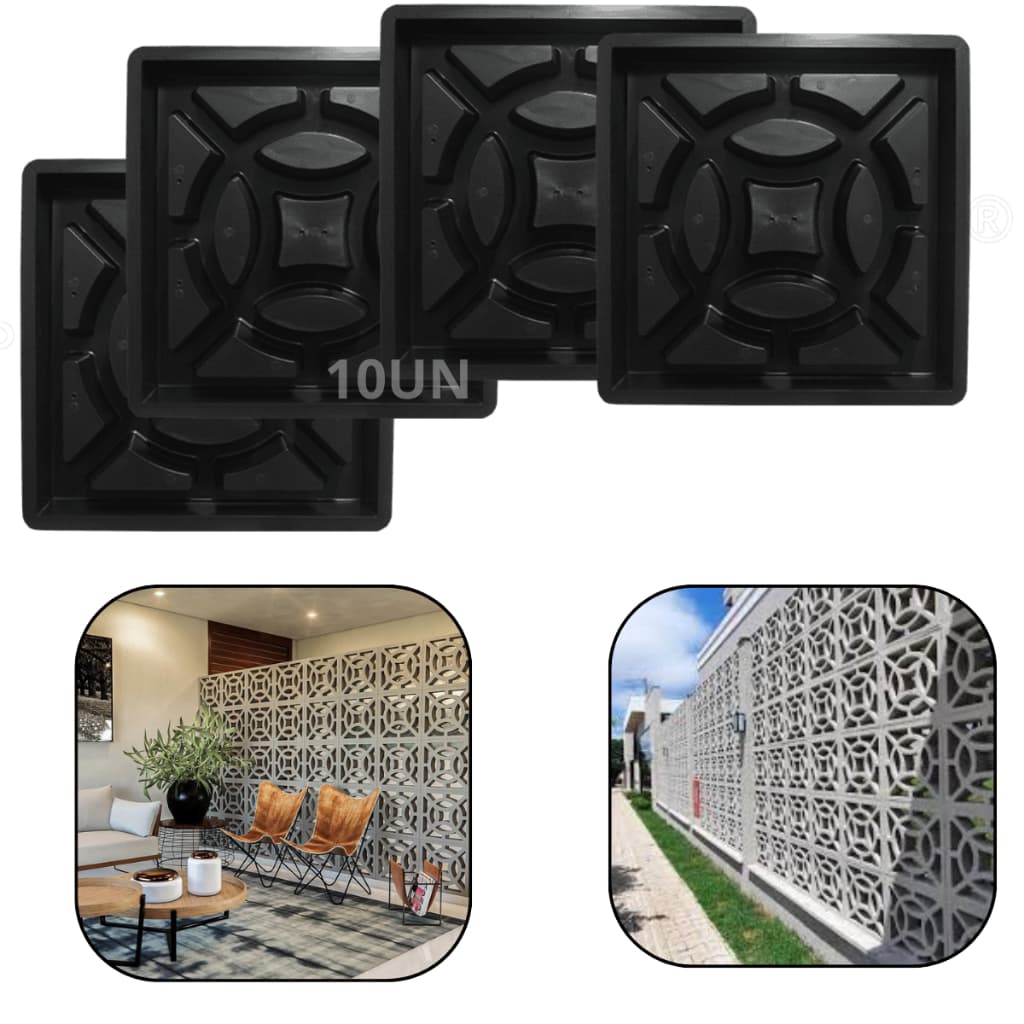 Kit c 10 Formas Molde p Fabricar Bloco Vazado 39x39x7 Combogó 4 Pontas