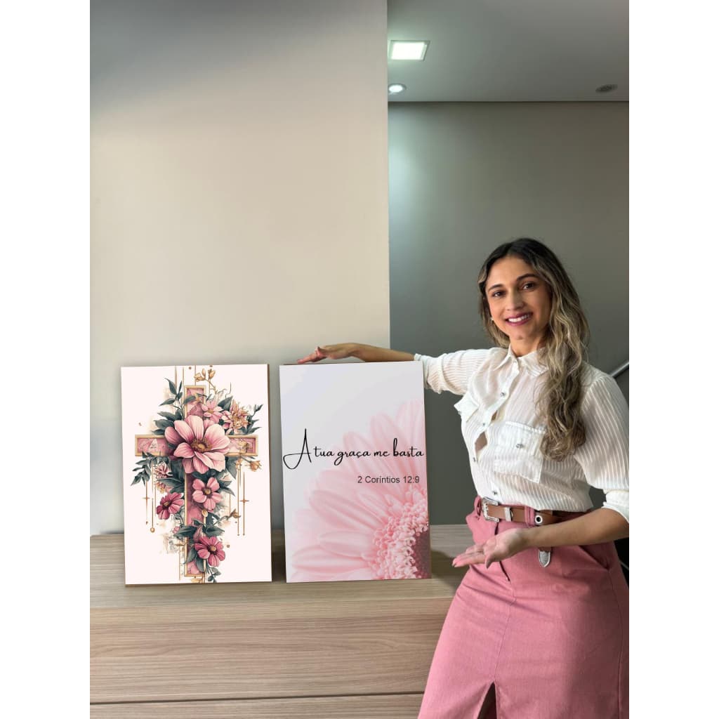 Quadro decorativo kit 3 peças tua graça me basta decoração evangélica católica religiosa cruz