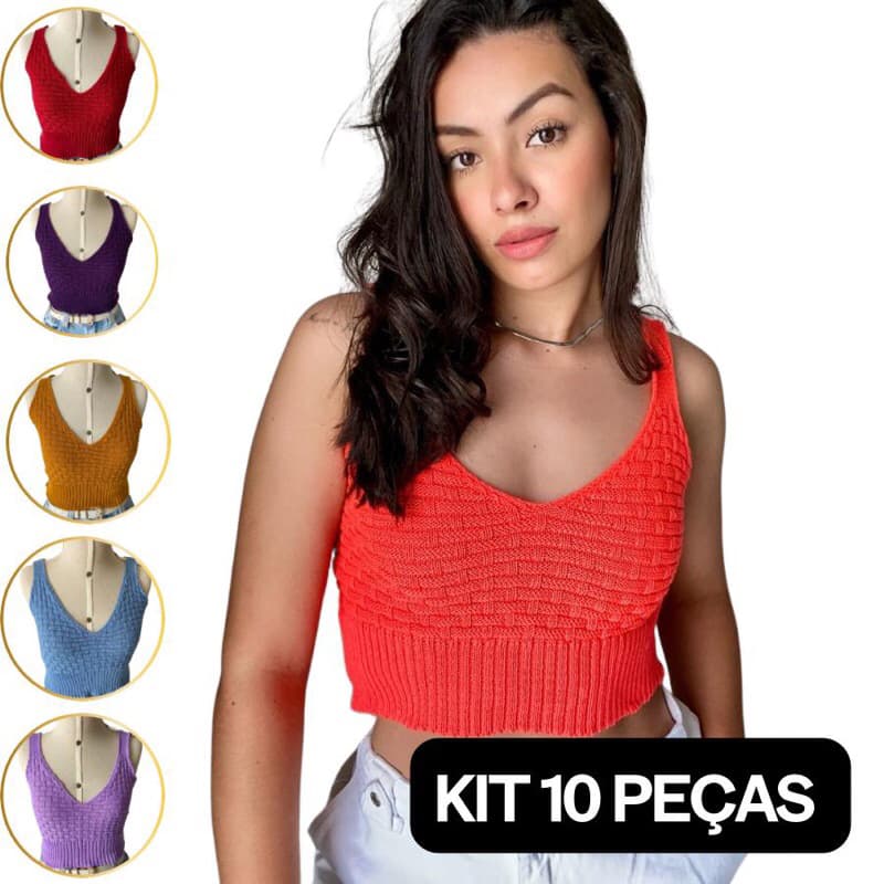KIT 10 PEÇAS Cropped Top Tricot Tijolinho Moda feminina blogueira tricô alcinha verão