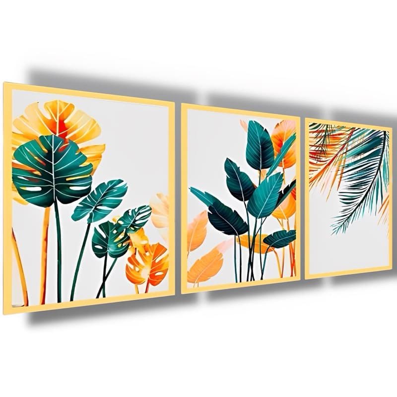 Quadro decorativo 3 peças 40x60 flor dourada planta folhas cactus verde dourado para quarto sala hall