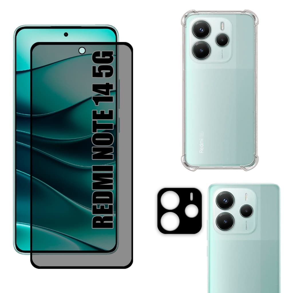 Kit Para Redmi Note 14 5G | Película de Privacidade 3D - Capa Anti Shock - Película da Câmera 3D