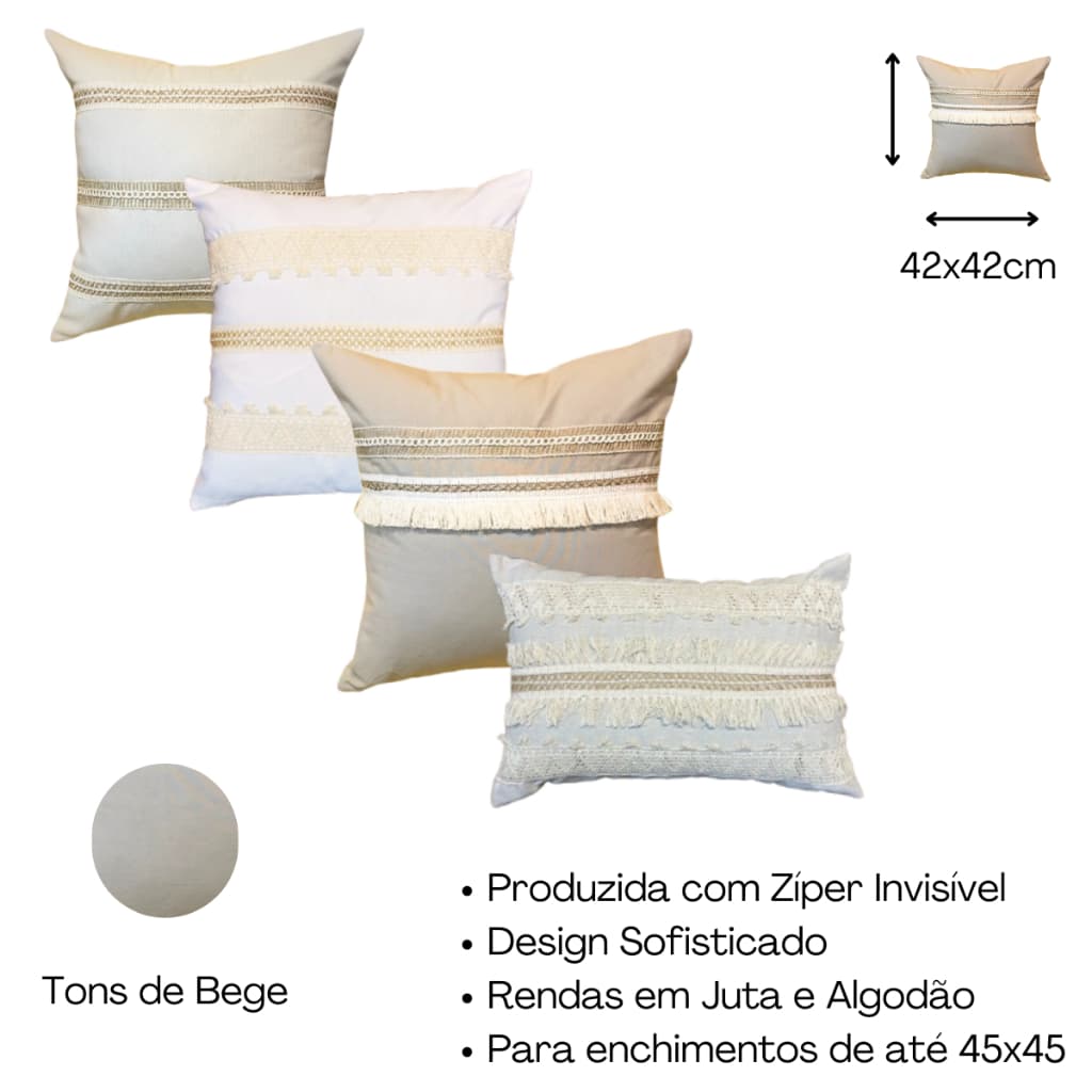 Kit 3 Capas de Almofada Estilo Boho Chic + 1 Almofada Cheia Retangular Detalhada