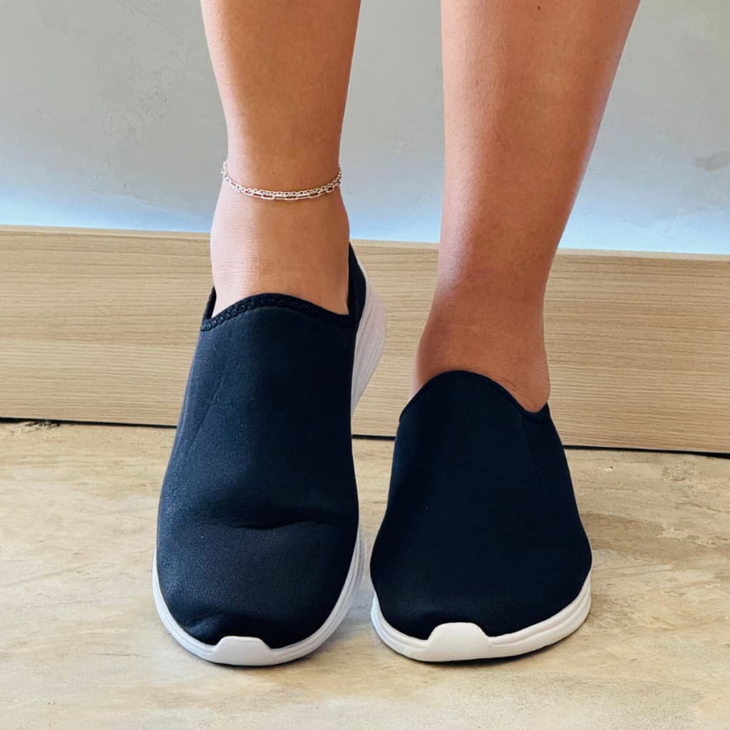 Tênis Meia Calce Facil Slip-On Adulto Feminino Confortável Macio Leve Preto Liso