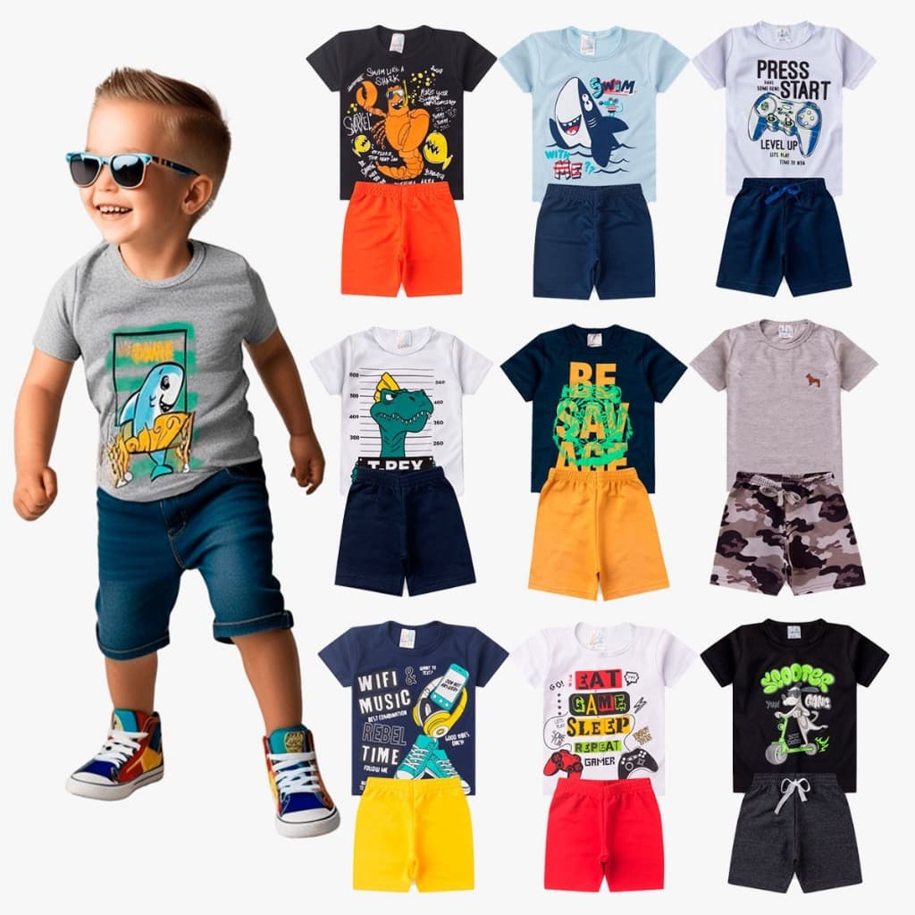 kit 10 peças de roupas masculino infantil 5 Conjuntos menino verão tamanho 1 2 3 4 6 8