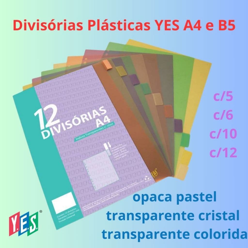 Divisória para Fichário Universitário A4 e Colegial B5 c/5, 6, 10 e 12 divisões YES