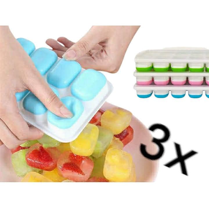 Jogo 3 Forminhas de Gelo Forma Silicone Com Tampa Fundo Flexível Cubo