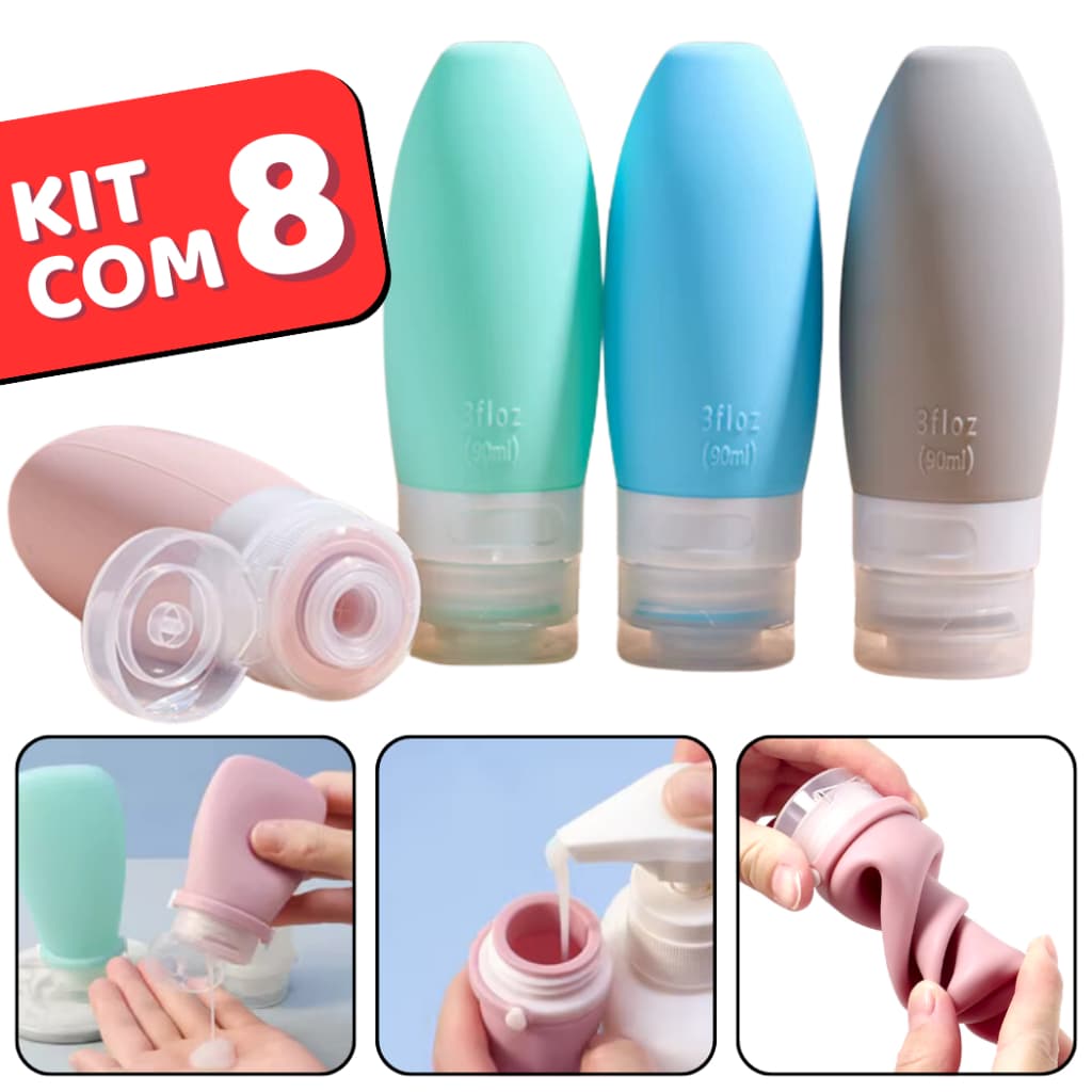 Kit Viagem Frasco de Cosméticos Silicone Para Viagem Portatil Shampoo Creme Loçao Sabonete