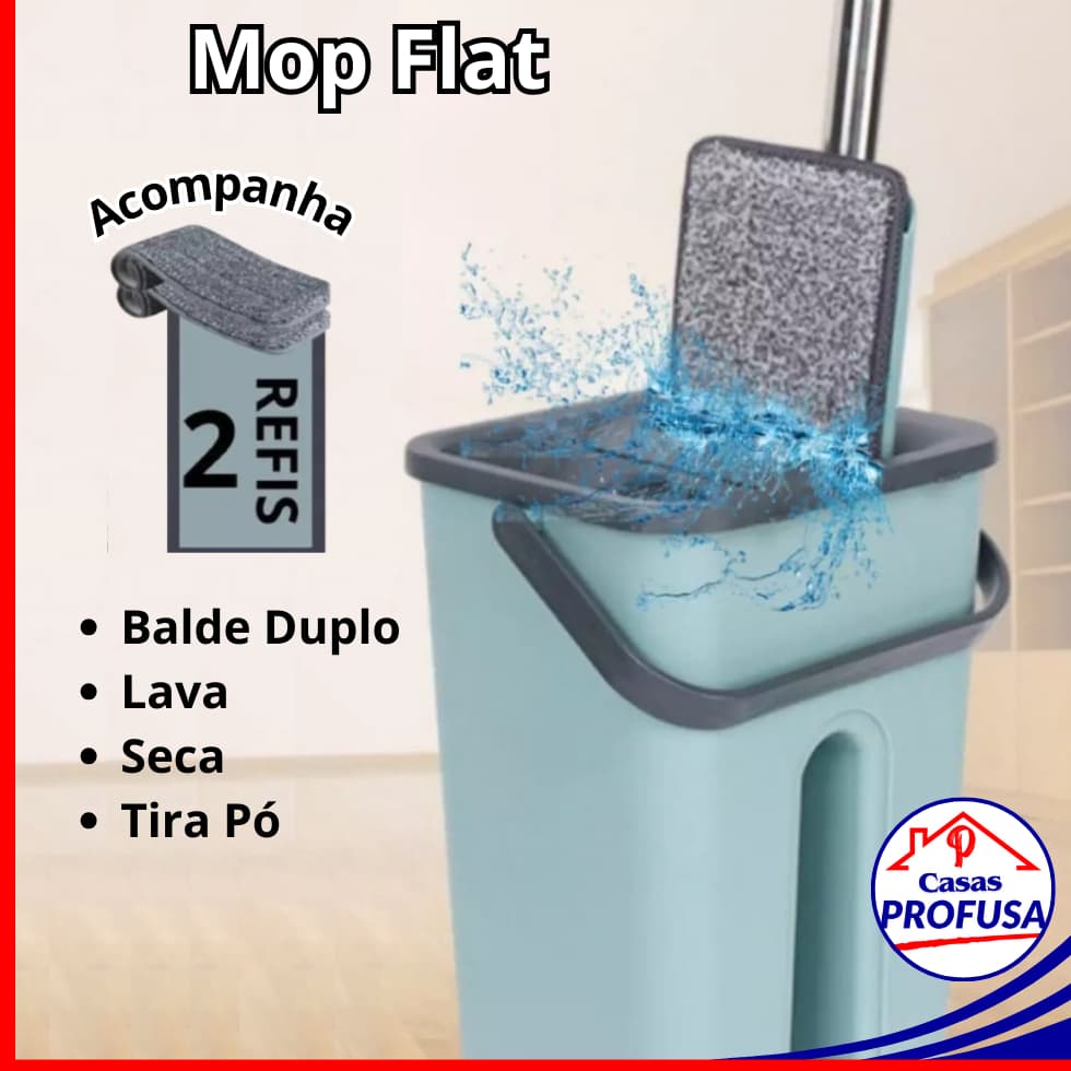 Esfregão Mop Flat com Balde Duplo Rodo Mágico Lava Seca e Tira Pó Limpeza Profissional com 2 Refis