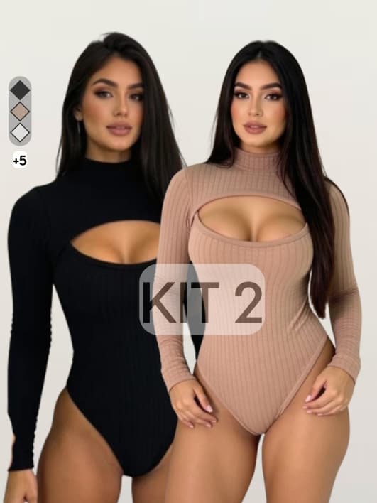 kit 2 Body Feminino Manga Longa Bubble Gola Alta Com Decote Outono Inverno Frio Moda Premium