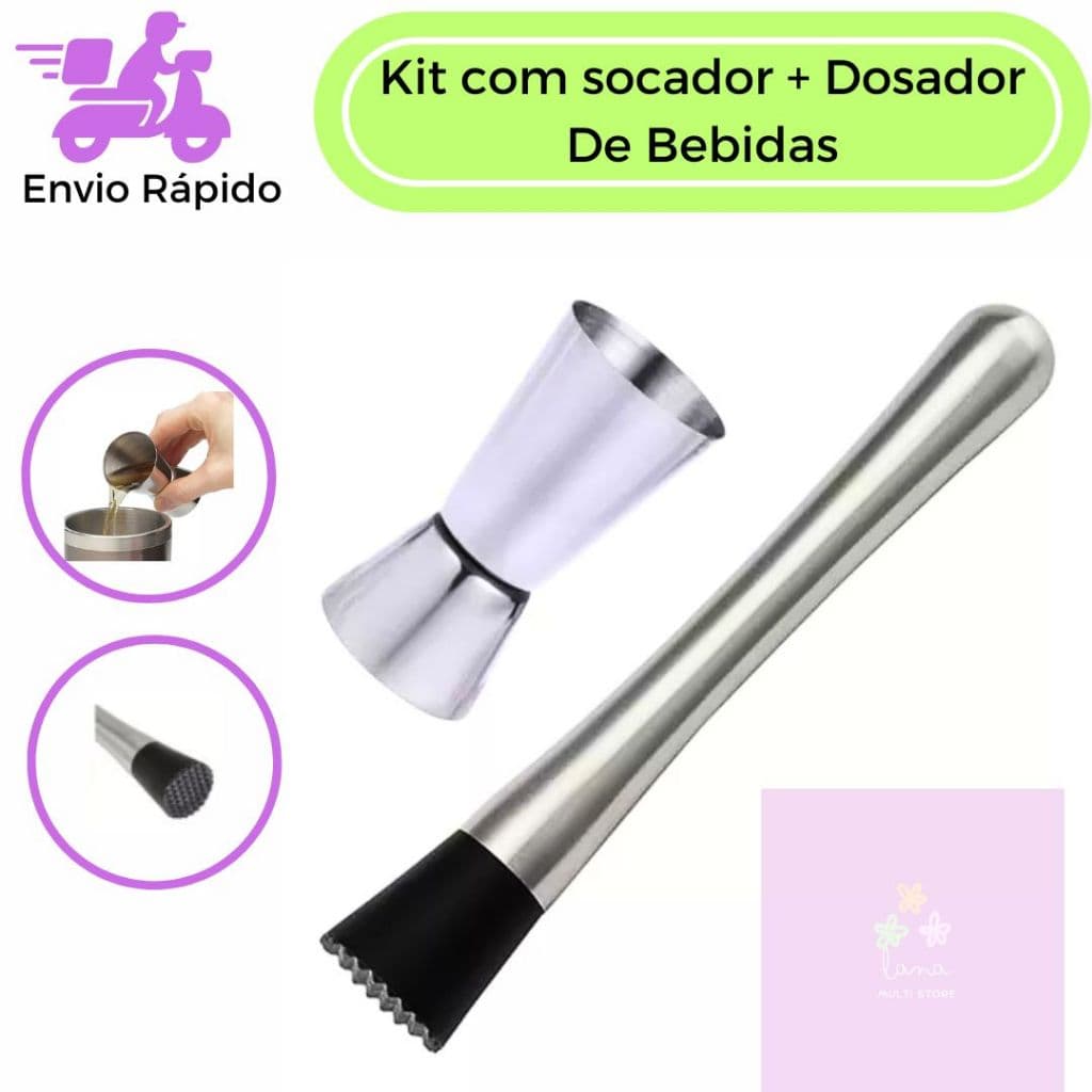 Kit Para Caipirinha Com Socador e Dosador Duplo Para Bebidas  Drinks Bar