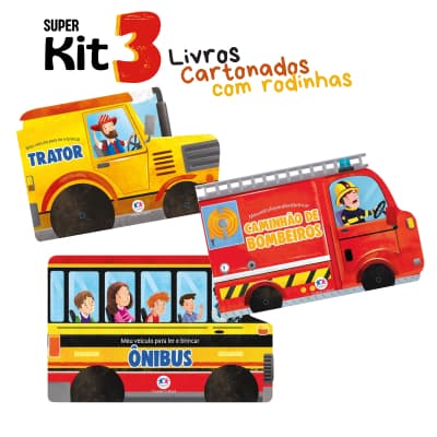 Kit 3 Livros Cartonado com rodinhas: Ônibus, trator e bombeiros
