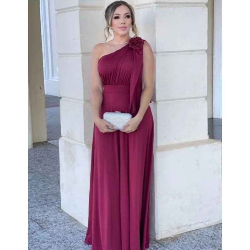 Vestido de Madrinha Casamento cha revelação festas elegantes Uma Manga Flor Ombro fluity soltinho não amassa Oliva vinho