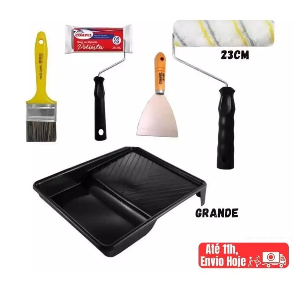 Kit Pintura Parede 6 Peças Rolo Anti Respingo Pincel Espátula Bandeja Para Tinta Reforma Em Obra