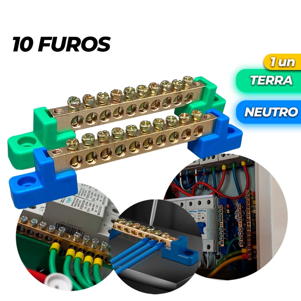 Barramento Neutro/Terra 10 Furos Fixação Parafuso Barra de Distribuição 10 Bornes Vias Saídas - 1un