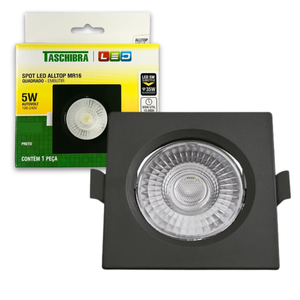Spot de Led 5w Embutir Preto Alltop Quadrado Bivolt Luminária Teto Gesso Sanca Forro Taschibra