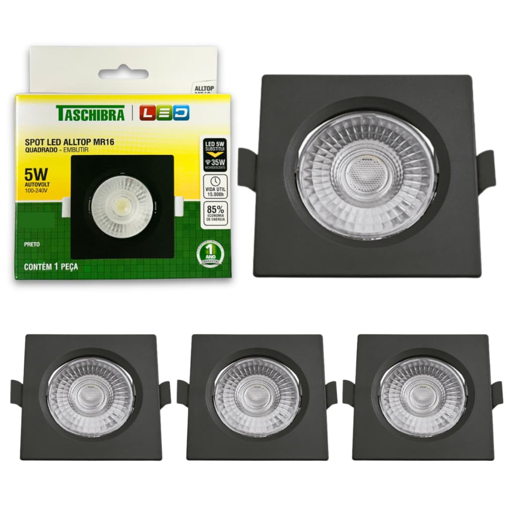 Kit 5 Spot de Led 5w Embutir Preto Alltop Quadrado Bivolt Luminária Teto Gesso Sanca Forro Taschibra