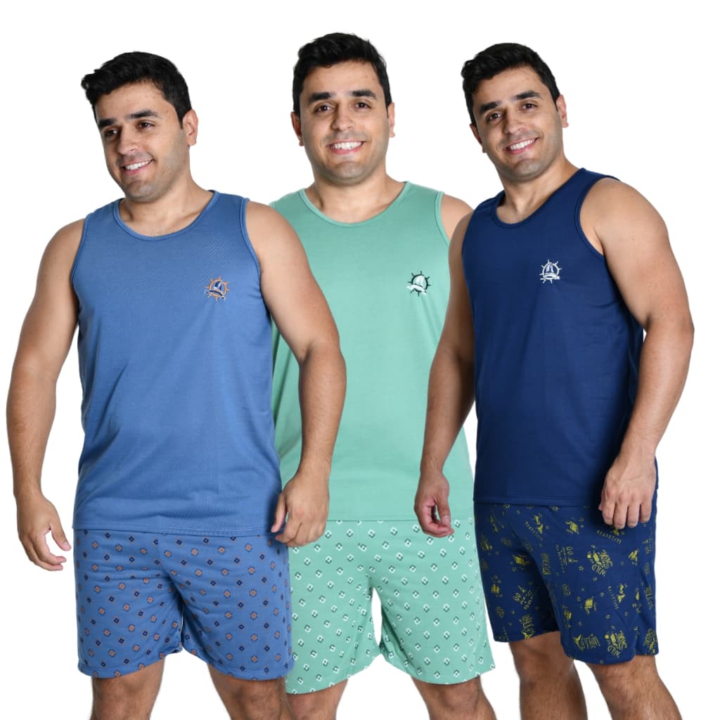 Kit 3 Pijama Masculino Camiseta e Short Bordado Confortável