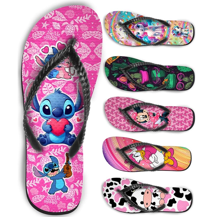 Chinelo Adulto Borracha de dedo Feminino Super leve e Confortável Desenhos Personagens 160 gramas