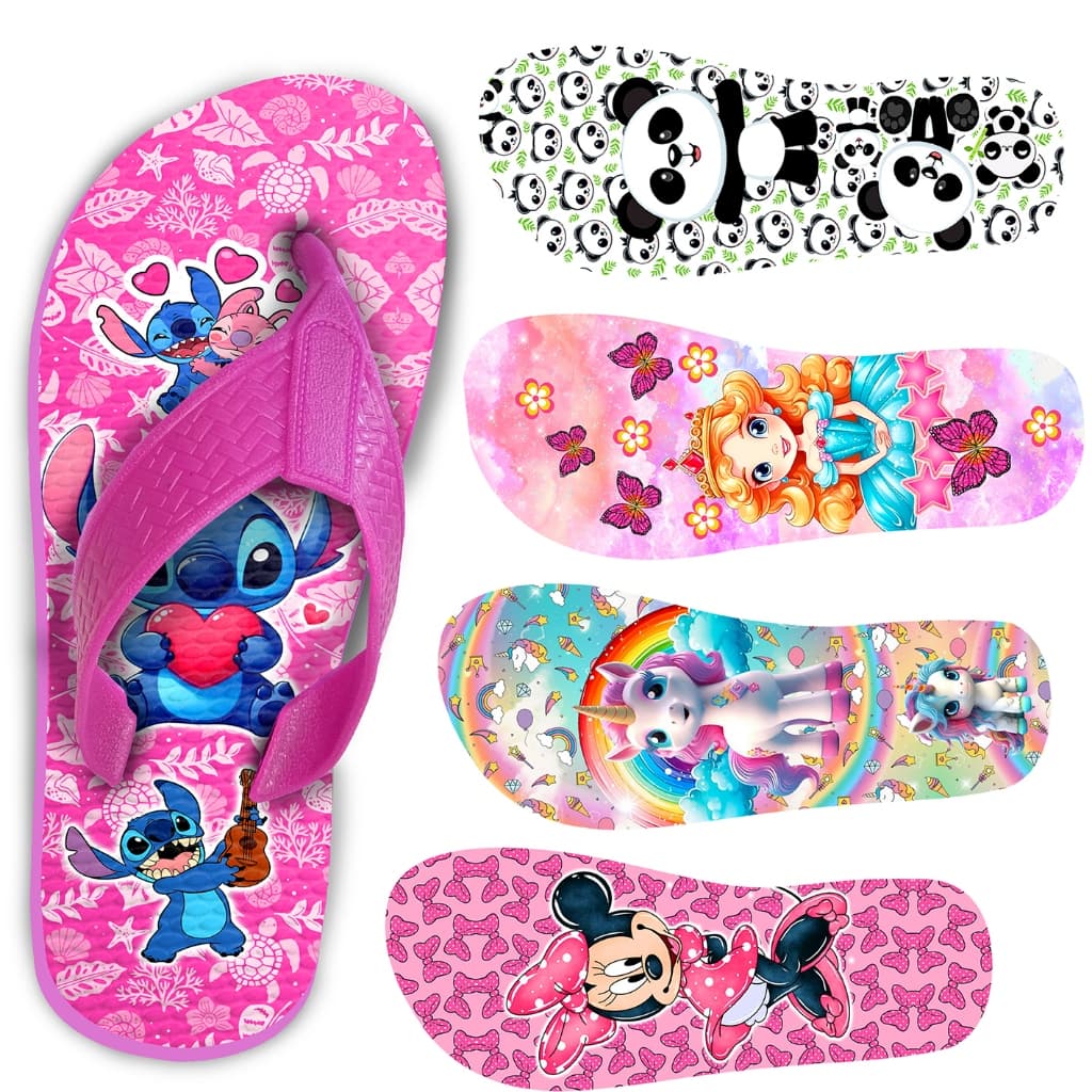 Chinelo de Borracha Infantil Menina  Super leve e Confortável Desenhos Personagens 120 gramas