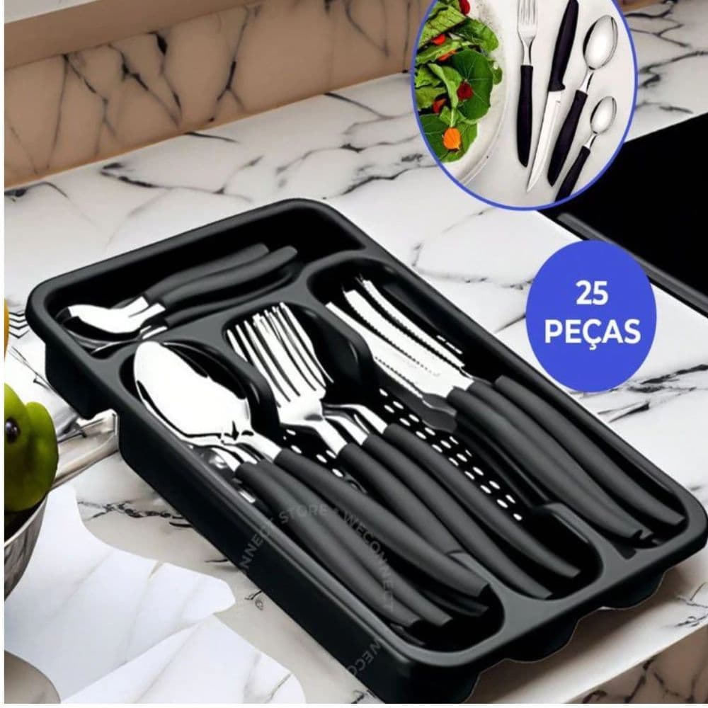 25 Peças -Jogo de Talheres Cabo de Plástico Aço Inox Conjunto Faqueiro com Porta Garfos Facas e Colheres BEST