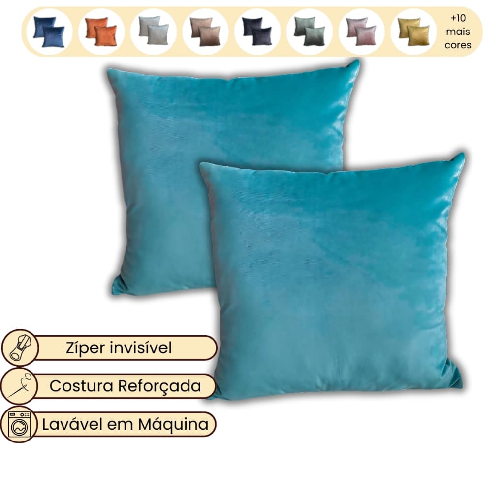 Kit com 2 Capas de Almofadas Decorativas de Veludo 45x45cm Lisas Tiffany Verde Água para Sofá e Cama