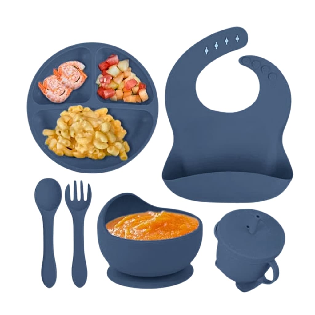 Kit 6 Peças Louça De Silicone Para Crianças Infantil Com Ventosa Babador Prato Copo Talheres De Bebê