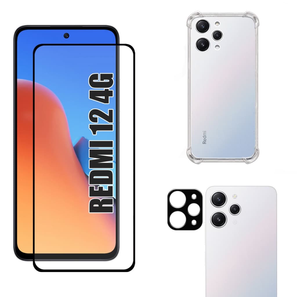 Kit Para Redmi 12 4G | Película de Vidro 3D - Capa Anti Shock - Película da Câmera 3D
