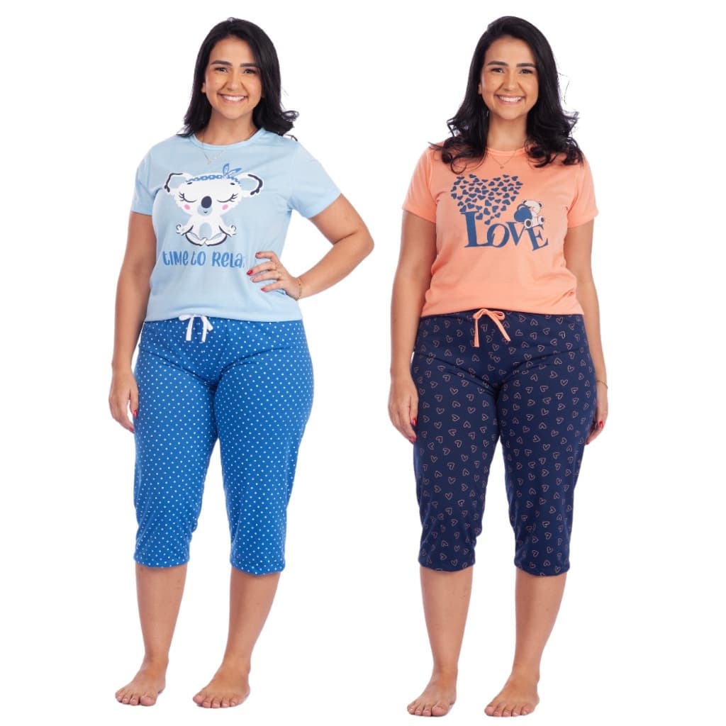 Kit 2 Pijama Pescador Feminino Meia Estação Adulto Manga curta e Calça Capre Confortável