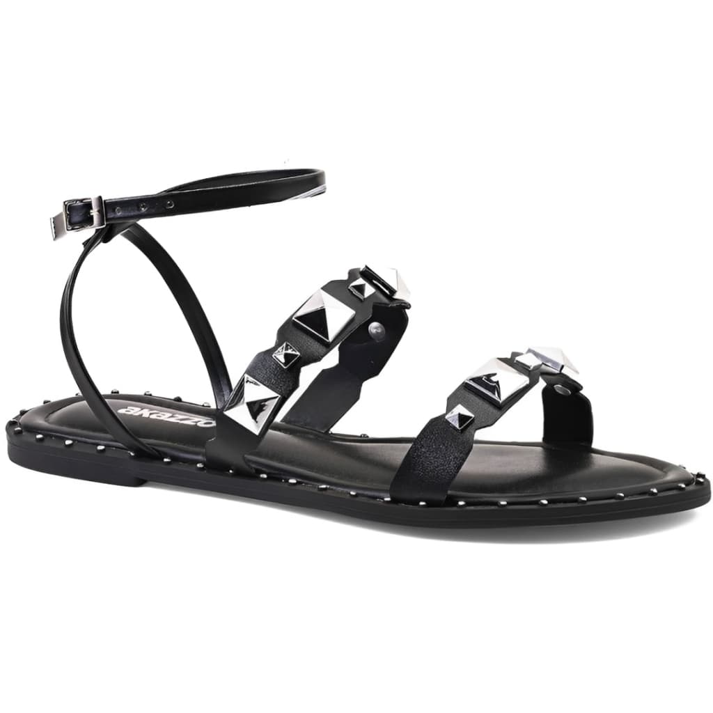 Sandália Feminina Rasteirinha Preta Tachas Spikes Pirâmide Prata Original Akazzo