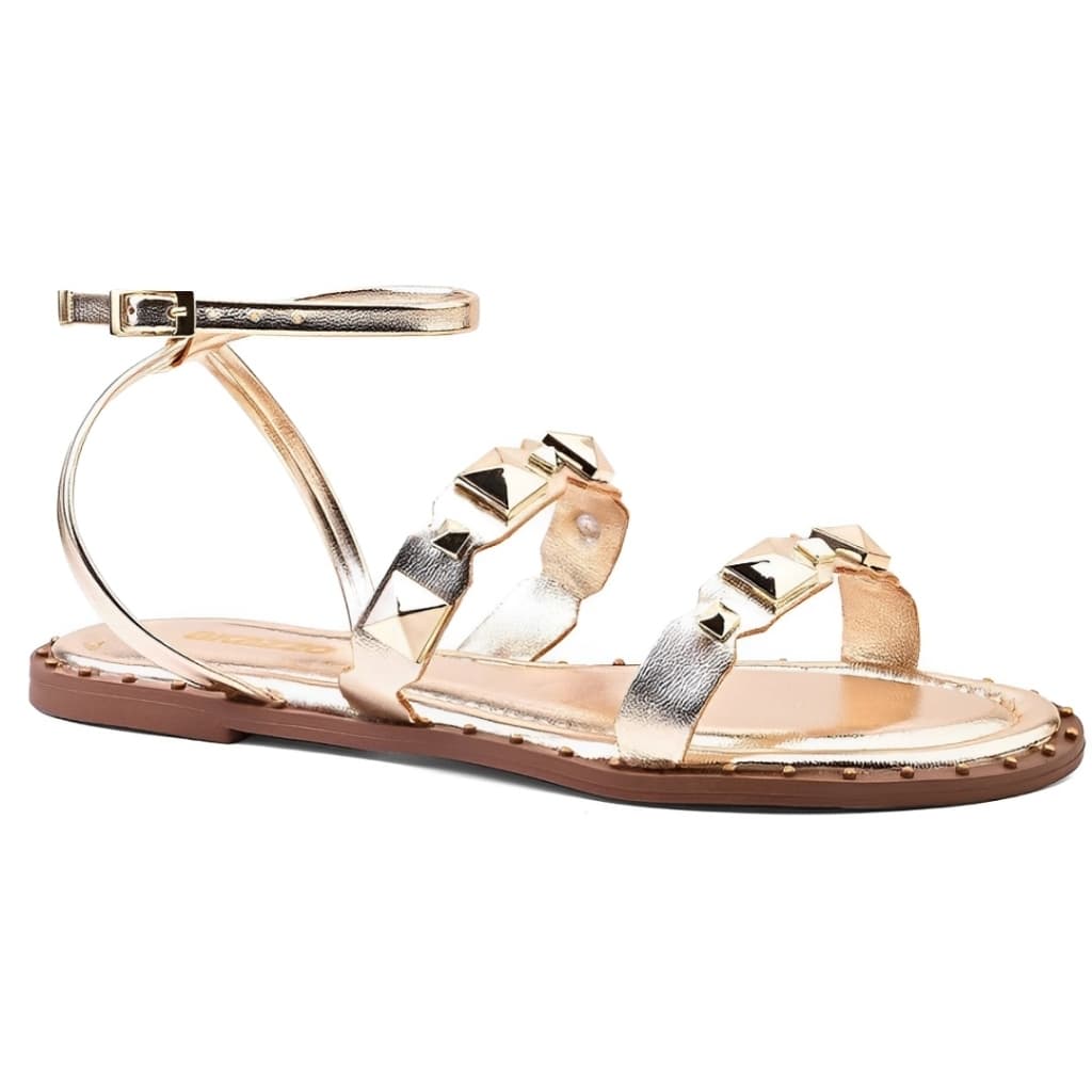 Sandália Feminina da Akazzo Dourada Lançamento Tachas Spikes Rasteira Verão