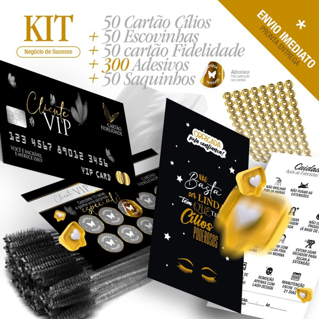Kit Cartões Cílios + Escovinhas + Cartão Fidelidade + 300 Adesivos - Transforme seu Olhar e Fidelize suas Clientes!